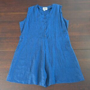 Vintage Flax by Jeanne Engelhart Womens L Blue Linen Romper Oversized Lagenlook